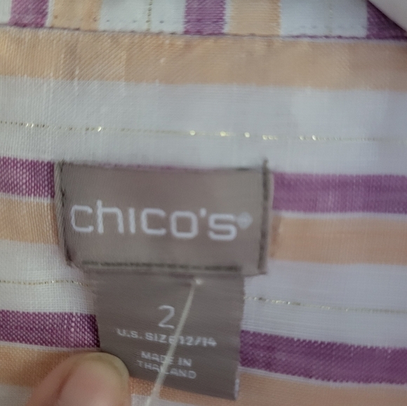 Chico's Cream/Purple Stripped Linen "No-Iron" Button Up Blouse sz 2 or Large - Picture 3 of 6